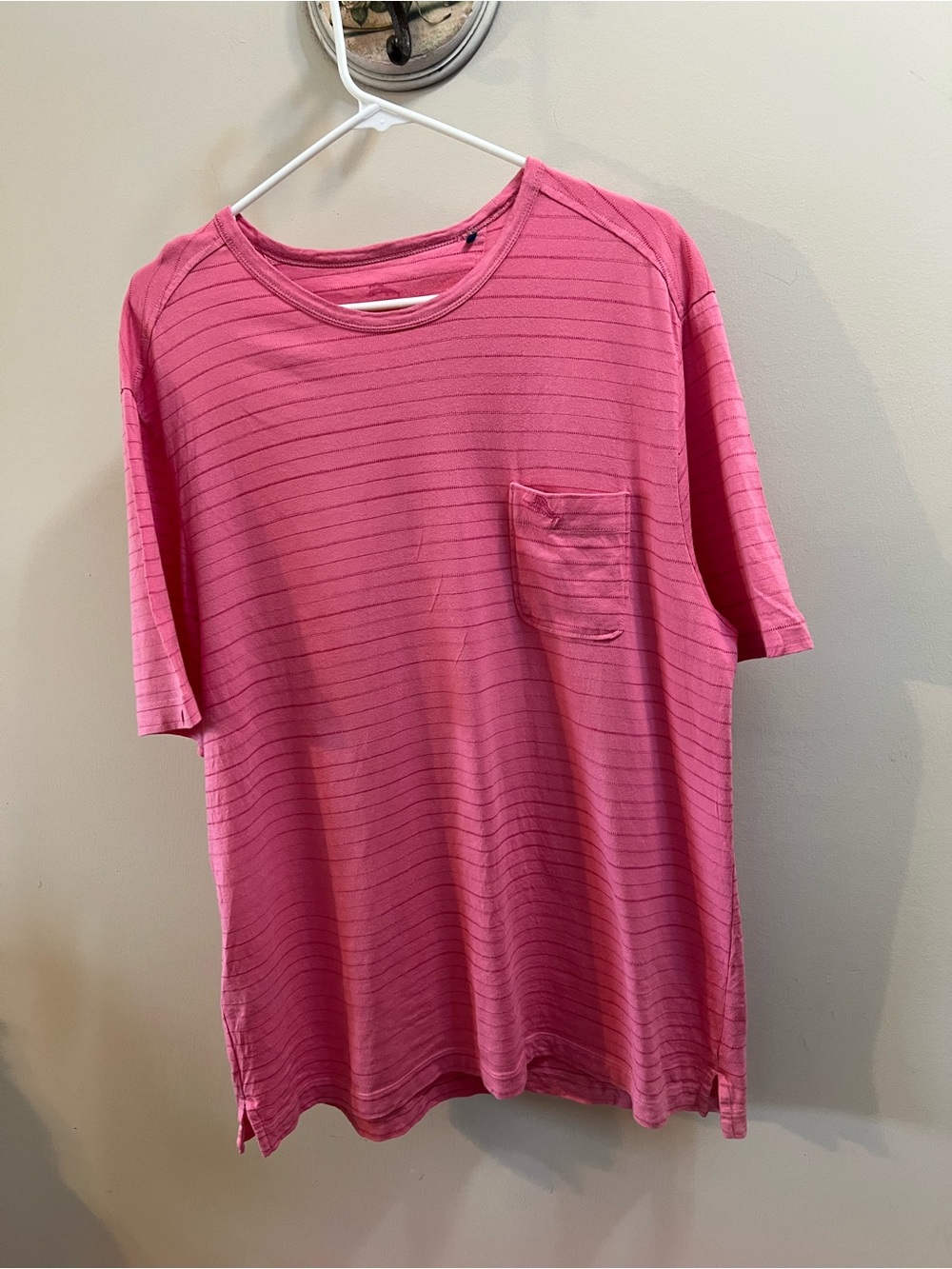 Tommy Bahama Men's Pink Short-Sleeve Pocket Tee with Subtle Stripes